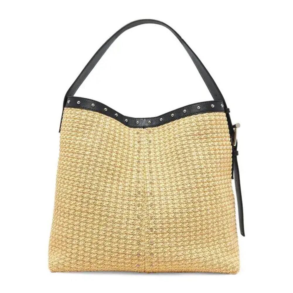 Alexander McQueen NWT T-Bar Sling Studded Raffia & Leather Shoulder Bag